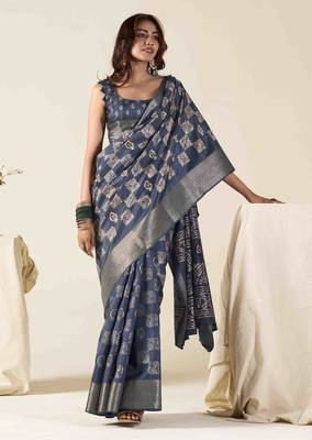 navy blue zari woven saree with unstitched blouse piece 1