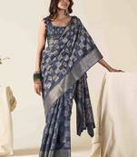 navy blue zari woven saree with unstitched blouse piece