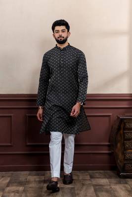 Black blended cotton fabric wevon dobby men's kurta payjama 1