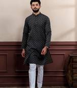 Black blended cotton fabric wevon dobby designer men's kurta payjama
