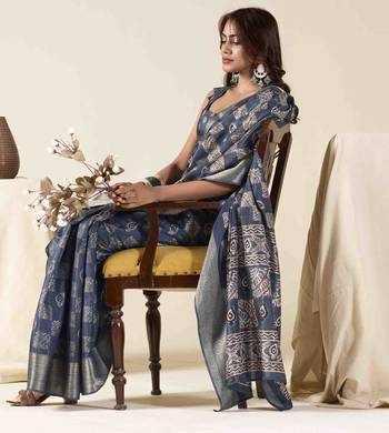 navy blue zari woven saree with unstitched blouse piece 2