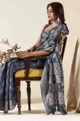 navy blue zari woven saree with unstitched blouse piece