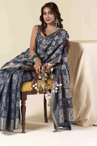 navy blue zari woven saree with unstitched blouse piece