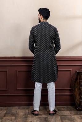Black blended cotton fabric wevon dobby men's kurta payjama 2