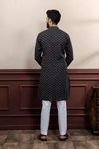 Black blended cotton fabric wevon dobby men's kurta payjama