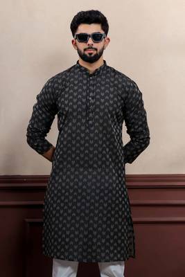 Black blended cotton fabric wevon dobby men's kurta payjama 3