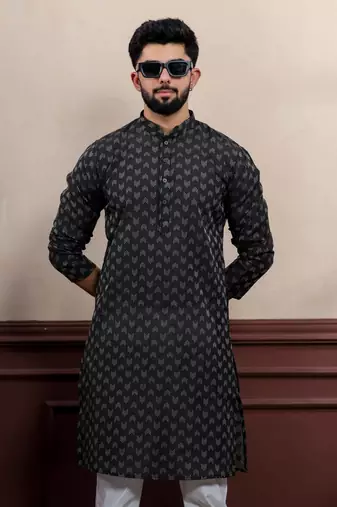 Black blended cotton fabric wevon dobby men's kurta payjama