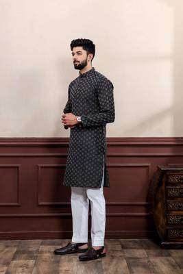 Black blended cotton fabric wevon dobby men's kurta payjama 4
