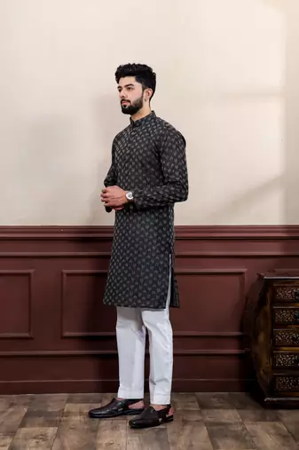 Black blended cotton fabric wevon dobby men's kurta payjama
