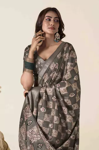 grey zari woven saree with unstitched blouse piece