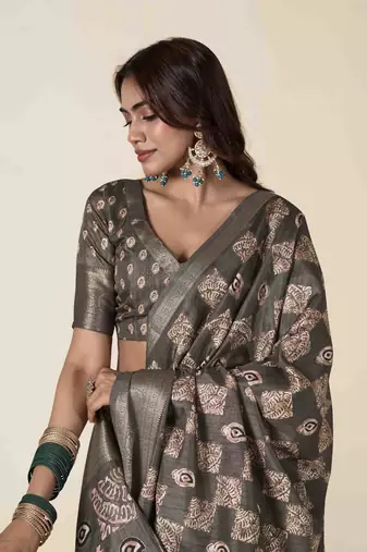 grey zari woven saree with unstitched blouse piece