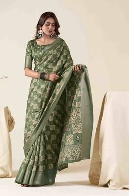 Green zari woven saree with unstitched blouse piece 1