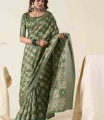 Green zari woven saree with unstitched blouse piece