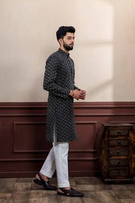Black blended cotton fabric wevon dobby men's kurta payjama 5