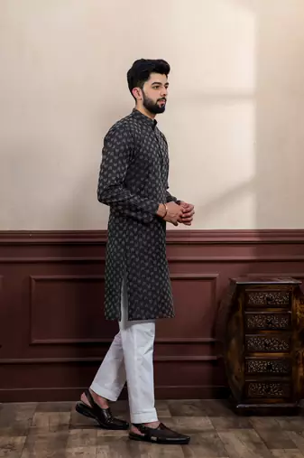 Black blended cotton fabric wevon dobby men's kurta payjama