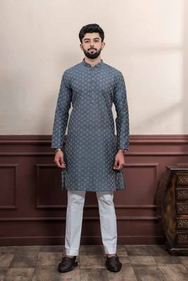 Grey blended cotton fabric wevon dobby men's kurta payjama 1