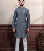 Grey blended cotton fabric wevon dobby designer men's kurta payjama