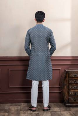 Grey blended cotton fabric wevon dobby men's kurta payjama 2