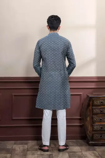 Grey blended cotton fabric wevon dobby men's kurta payjama