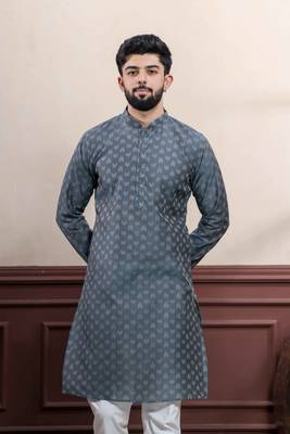 Grey blended cotton fabric wevon dobby men's kurta payjama 3