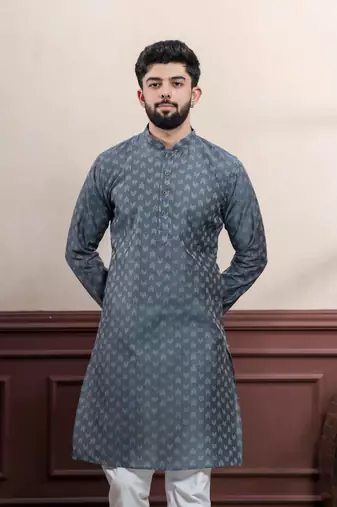 Grey blended cotton fabric wevon dobby men's kurta payjama