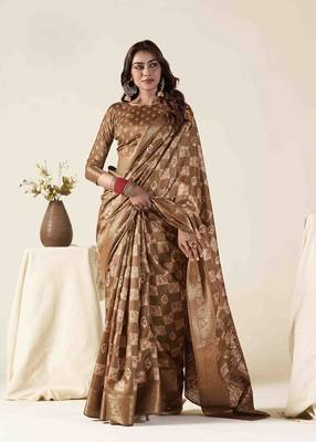brown zari woven saree with unstitched blouse piece 1