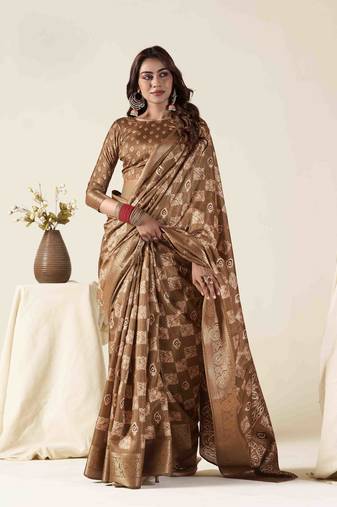 brown zari woven saree with unstitched blouse piece