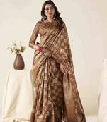 brown zari woven saree with unstitched blouse piece