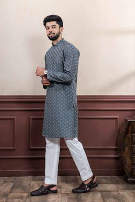 Grey blended cotton fabric wevon dobby men's kurta payjama 4