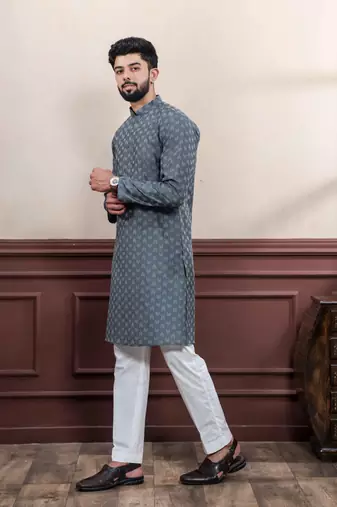 Grey blended cotton fabric wevon dobby men's kurta payjama