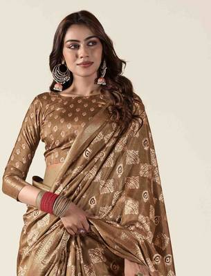 brown zari woven saree with unstitched blouse piece 2