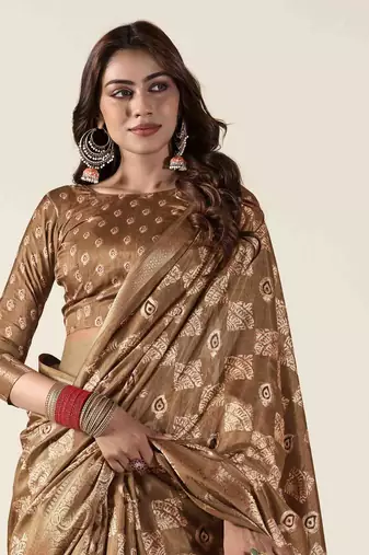brown zari woven saree with unstitched blouse piece