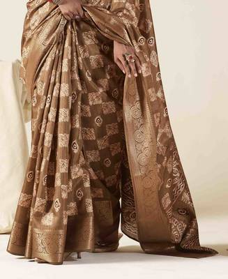 brown zari woven saree with unstitched blouse piece 3