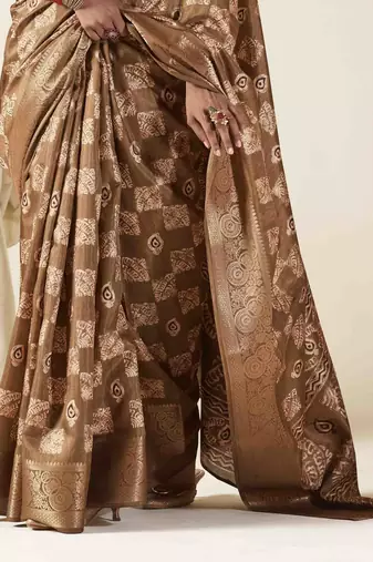 brown zari woven saree with unstitched blouse piece