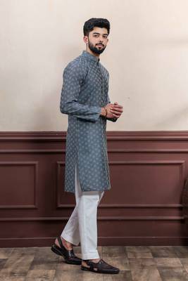Grey blended cotton fabric wevon dobby men's kurta payjama 5