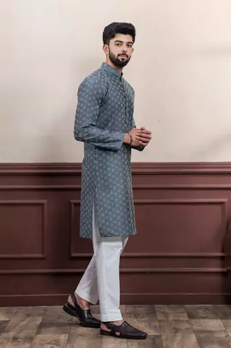 Grey blended cotton fabric wevon dobby men's kurta payjama