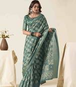 turquoise zari woven saree with unstitched blouse piece