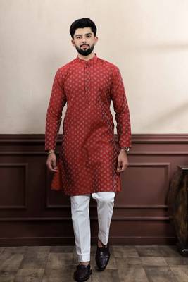 maroon cotton blend abstract print kurta payjama 1