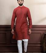 maroon cotton blend abstract print kurta payjama