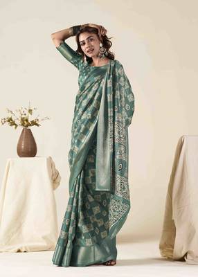 turquoise zari woven saree with unstitched blouse piece 2