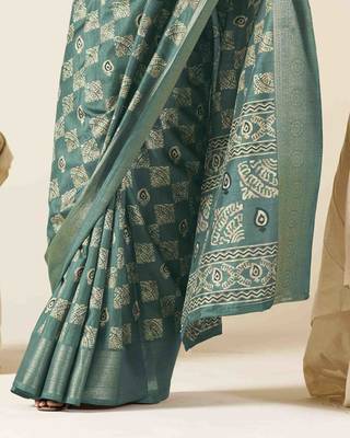 turquoise zari woven saree with unstitched blouse piece 3