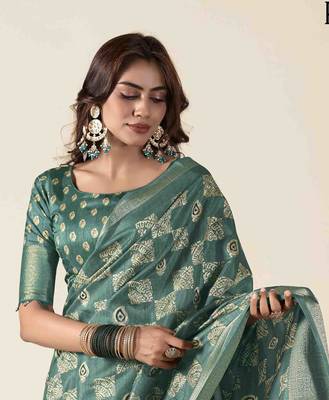 turquoise zari woven saree with unstitched blouse piece 4