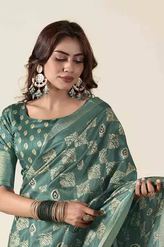 turquoise zari woven saree with unstitched blouse piece