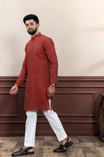 maroon cotton blend abstract print kurta payjama