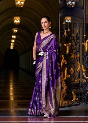 violet satin zari woven saree with unstitched blouse piece 1