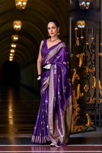 violet satin zari woven saree with unstitched blouse piece