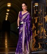 violet satin zari woven saree with unstitched blouse piece
