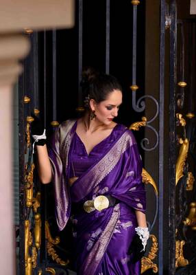 violet satin zari woven saree with unstitched blouse piece 2