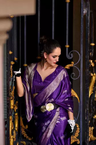 violet satin zari woven saree with unstitched blouse piece