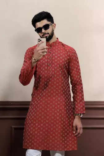 maroon cotton blend abstract print kurta payjama